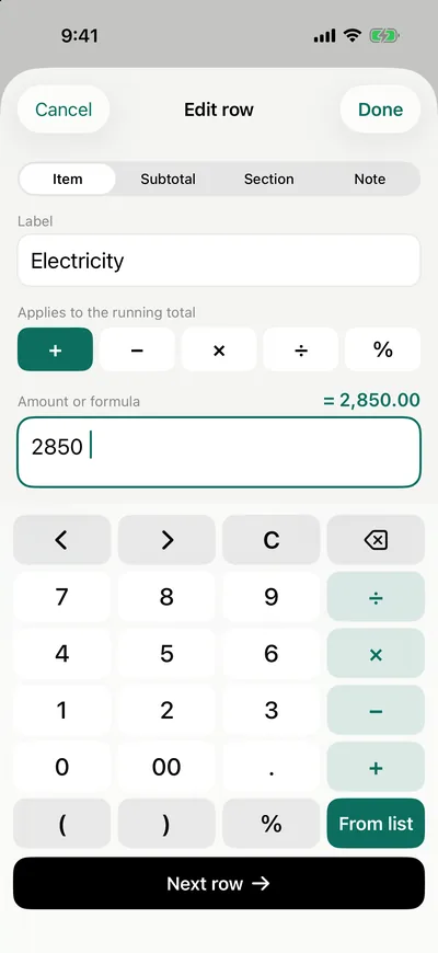 The row editor open on Electricity: Item, Subtotal, Section and Note tabs, the plus operator selected, the amount 2850 equalling 2,850.00, and a calculator keypad with a From list key.