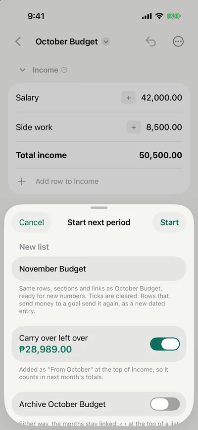 The Start next period sheet: a new list named November Budget, Carry over left over ₱28,989.00 switched on, and a switch to archive October Budget.
